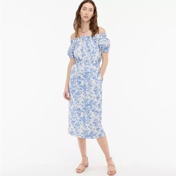 NWT J.Crew Off-Shoulder Midi Dress in Blue & White Antique Ikat Floral Size 8 - Picture 1 of 5
